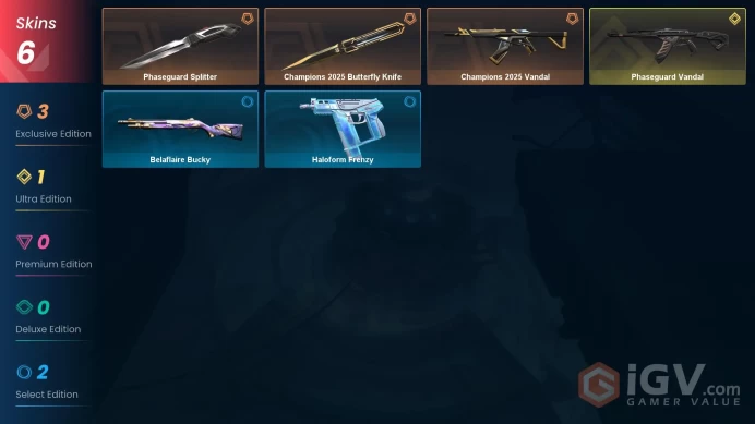 NA | 6 Skins | Gold | Battlepasses 1 | Champions 2025 Bundle | Phaseguard Splitter | Phaseguard Vandal | Agent 5 | Level 34 | Full Access| Full 