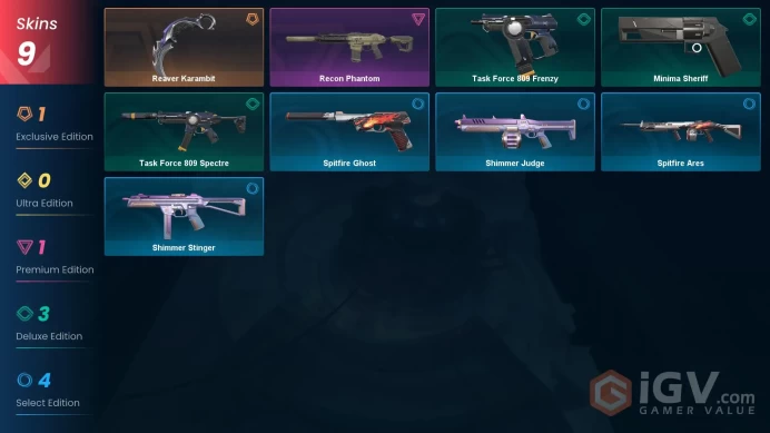 NA | 9 skins | 1 Battlepass  | Gold 2 | Level 25 | VP Value: 8400 | Reaver Karambit | Recon Phantom | Spitfire Ares | Buddies 13 |
