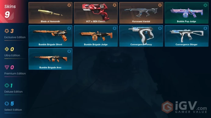 NA | 9 Skins | Silver | VP Value 9265 | Blade of Aemondir | Kuronami Vandal | VCT x SEN Classic | Level 27 | 1 Battlepass |