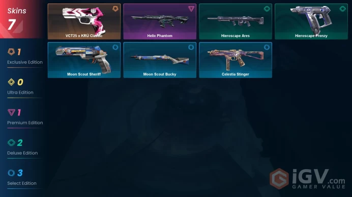 NA | 7 Skins | Gold | VP Value 5115 | VCT25 x KRÜ Classic | Helix Phantom | Level 26 | 1 Battlepass | Full Access | Instant Delivery | Full Deta