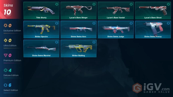 NA | 10 Skins | Gold | 1 Battlepasses | Lycan's Bane Vandal | Divine Swine Judge | Agent 10 | Buddies 59 | Level 59 |