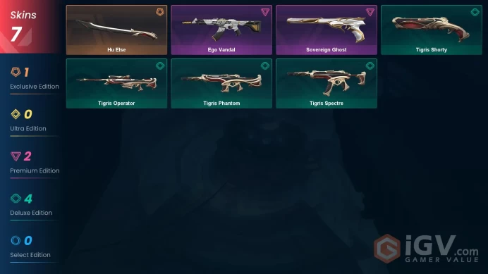 NA | 7 Skins | Gold | VP Value 11200 | Tigris Bundle | Ego Vandal | Sovereign Ghost | Level 38 | 8 Agents | Full Access | Full Details Below!
