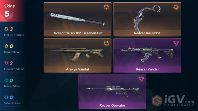 NA | 7 Skins | Diamond | Level 92 | VP Value 13625 | Reaver Karambit | Radiant Crisis 001 Baseball Bat | Araxys Vandal | Full Access | Full Deta