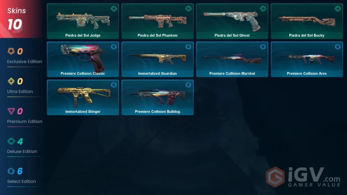 NA | 10 Skins | Silver 3 | Piedra del Sol Judge | Premiere Collision Ares | Immortalized Guardian | Battlepasses 1 | Buddies 40 |
