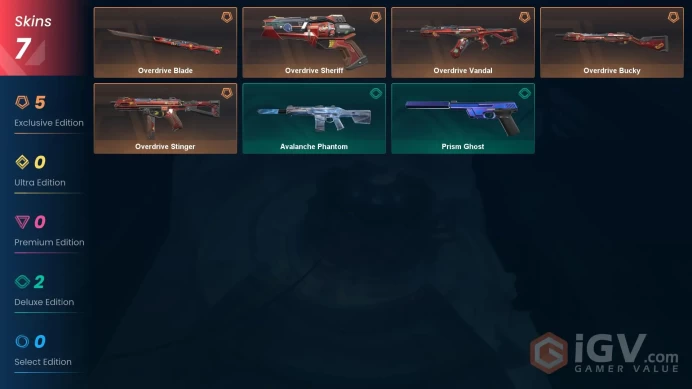 NA | 7 Skins | Gold | Level 26 | Value Vp 15600 | 12 Buddies| Overdrive Bundle | Avalanche Phantom | Prism Ghost | Full Details Be