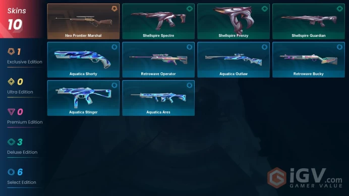 NA | 10 skins | Bronze 3 | Level 35 | VP Value: 3175 | Neo Frontier Marshal | Shellspire Frenzy | 1 Battlepasses Purchase | Buddies 26 |