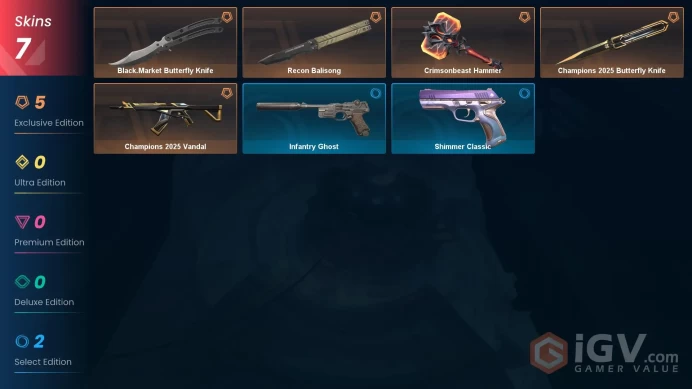 NA | 7 Skins | Silver | VP Value 19550 | Champions 2025 Bundle | Recon Balisong | Crimsonbeast Hammer | Level 58 | 10 Agents | Full Access | Ful