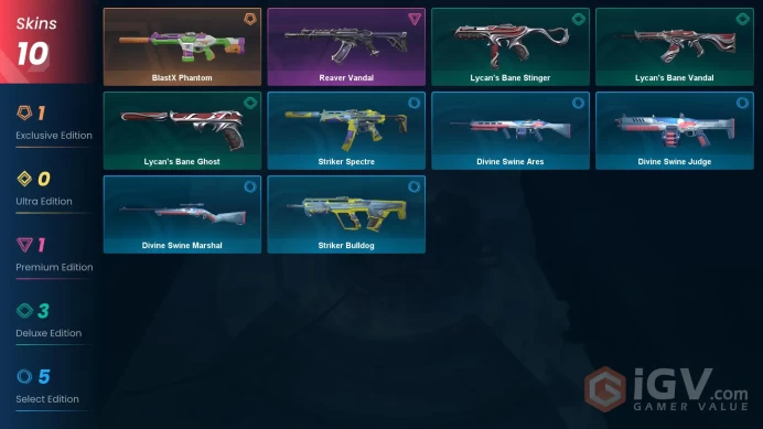 NA | 10 skins | 1 Battlepass | Gold 2 | Level 29 | VP Value: 4950 | BlastX Phantom | Reaver Vandal | Lycan's Bane Stinger | Buddies 28 |