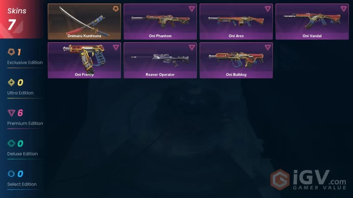 NA | 7 Skins | Gold 2 | Level 45 | Value VP 16000 | Oni Bundle | Reaver Operator | 1  Battlepasses  | Buddies 42 | Full Details Below!