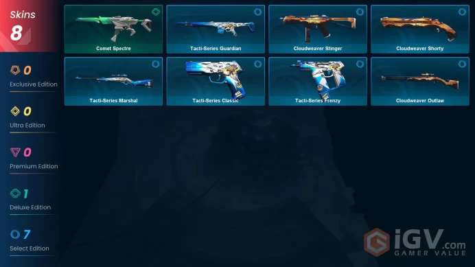 NA | 8 skins | 1 Battlepass | Gold 2 | Level 30 | VP Value: 1000 | Comet Spectre | Tacti-Series Frenzy | Cloudweaver Outlaw | Buddies 28 | Full 