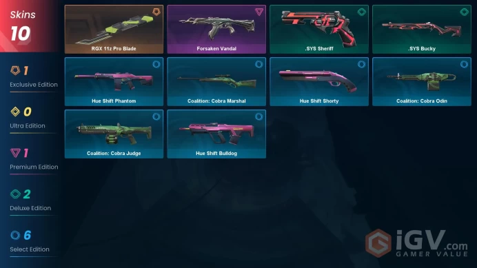NA | 10 Skins | Gold | VP Value 7125 | RGX 11z Pro Blade | Forsaken Vandal | .SYS Sheriff | Level 29 | 1 Battlepass | 