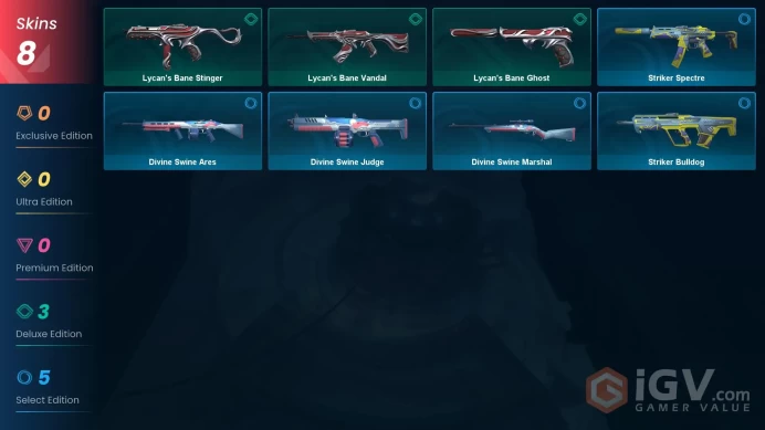NA | 8 Skins | Silver 2 | Value VP 1000 | Lycan's Bane Vandal | Striker Spectre | Striker Bulldog | Battlepasses 1| Buddies 19 | Full Details 