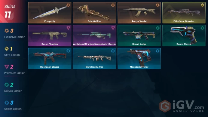 NA | 11 skins | Diamond 1 | Level 47 | Prosperity | Elderflame Operator | Reaver Karambit | Araxys Vandal| 1 Battlepasses | Full Detail Below