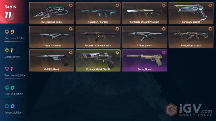 NA | 11 Skins | Platinum | Kuronami no Yaiba | CYRAX Vandal | Prelude to Chaos Vandal | Kuronami Sheriff | Level 25 | Full Access | Full Details