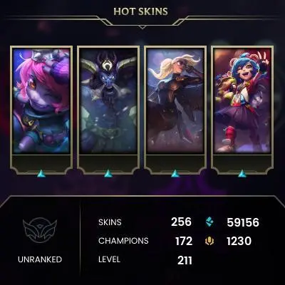 EUNE | 256 SKIN | 59K+ BE | 211 LVL | UNRANKED | MAIL CHANGEABLE LEAGUE OF LEGENDS ACCOUNTS