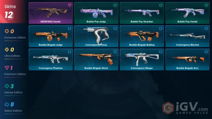 NA | 12 Skins | Gold | VP Value 2775 | XERØFANG Vandal | Bubble Pop Vandal | Bubble Pop Guardian | Level 24 | 1 Battlepass | Full Access 