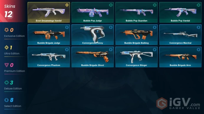 NA | 12 Skins | Silver 3 | Level 32 | Evori Dreamwings Vandal | Bubble Pop Guardian | Convergence Frenzy| Battle passes 1 | Full Details Below!