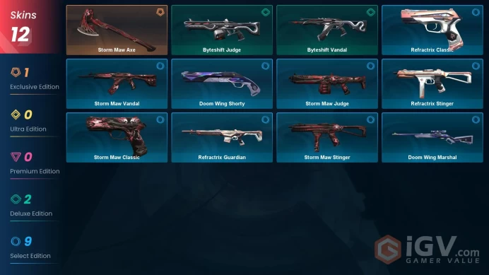 NA | 12 skins | 1 Battlepass | Storm Maw Bundle | Gold 2 | Level 23 | Storm Maw Axe | Refractrix Stinger | Byteshift Vandal | Full Details Below