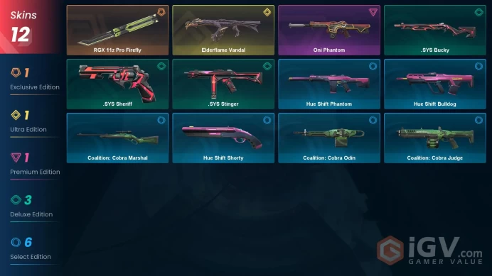 NA | 12 Skins | Silver | VP Value 9600 | RGX 11z Pro Firefly | Elderflame Vandal | Oni Phantom | 1 Battlepass | Full Access | Full Details Below