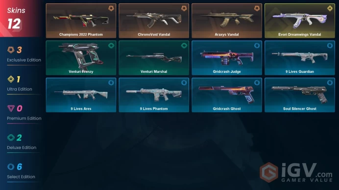 NA | 12 skins | 1 Battlepass | Champions 2022 Phantom | Evori Dreamwings Vandal | Araxys Vandal | ChronoVoid Vandal | Full Details Below