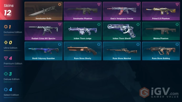 NA | 12 Skins | VP Value 12925 | Xenohunter Knife | Gaia's Vengeance Vandal | Prime//2.0 Phantom | 1 Battlepass | Full Access | Full Details 