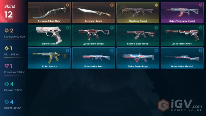 NA | 12 Skins | VP Value 13625 | Forsaken Ritual Blade | Sovereign Sword | Elderflame Vandal | 1 Battlepass | 