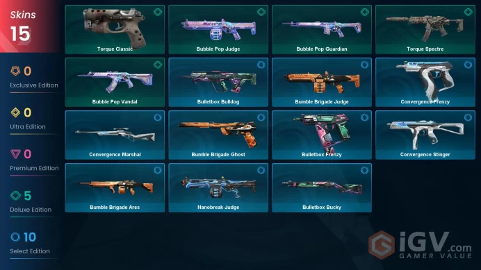 NA | 15 skins | 2 Battlepass | Gold 2 | Convergence Marshal | Bubble Pop Judge | Bubble Pop Vandal | Buddies 36 Full Details Below!