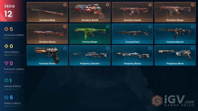 NA | 12 skins | 1 Battlepass | Overdrive Bundle | Gold 2 | Overdrive Bucky | Frequency Operator | Overdrive Vandal | Buddies 21 |