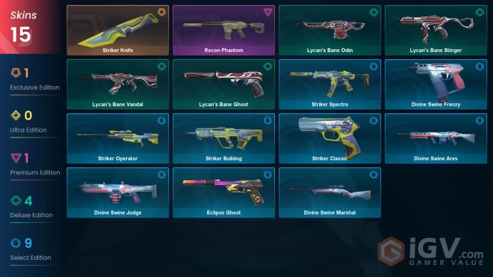 NA | 15 Skins | Silver 2 | Level 45 | VP Value 2775 | Recon Phantom | Striker Operator | Lycan's Bane Vandal | Battlepass 1 | Full Details Below