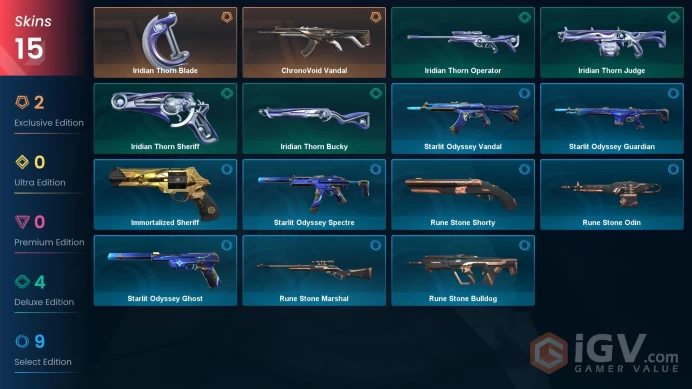 NA | 15 Skins | Gold | 1 Battlepasses | ChronoVoid Vandal | Starlit Odyssey Vandal | Agent 20 | Buddies 73 | Level 73 | Full Details Below!