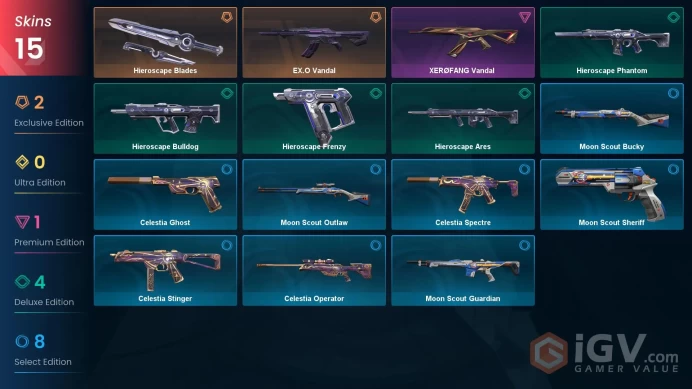 NA | 15 Skins | Silver | VP Value 5150 | EX.O Vandal | Hieroscape Blades | XERØFANG Vandal | Level 45 | 1 Battlepass | Full Details Below!