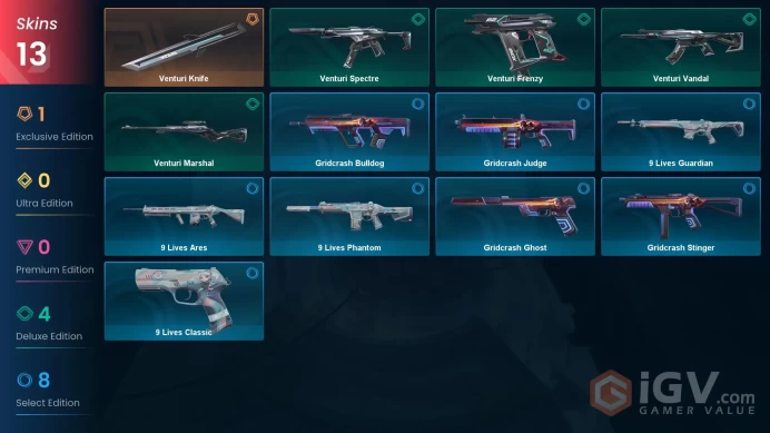NA | 13 Skins | Diamond | Level 59 | VP Value 1000 | Venturi Knife | Venturi Frenzy | Venturi Vandal | 1 Battlepass | 