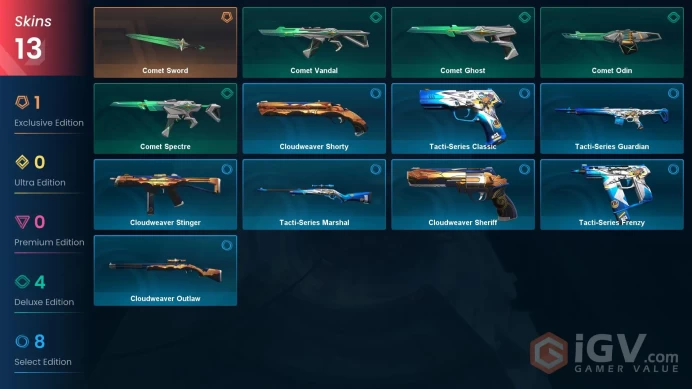 NA | 13 Skins | Diamond | Level 34 | RP 85 | Comet Sword | Comet Vandal | Comet Ghost | 32 Buddies |
