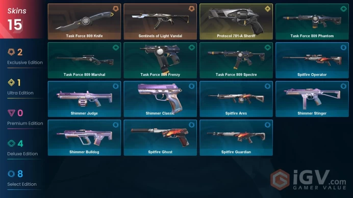 NA | 15 skins | Gold 2 | Protocol 781-A Sheriff | Sentinels of Light Vandal | Shimmer Stinger | Monstrocity Ares |1 Battlepas Full Details Below