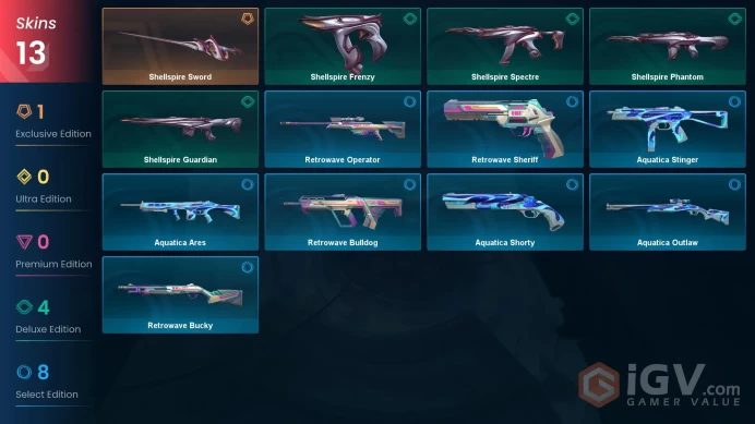NA | 13 skins | Diamond 3 | Level 34 | VP Value: 1000 | Retrowave Sheriff | Aquatica Stinger | 1 Battlepasses Purchase | Buddies 28 | 