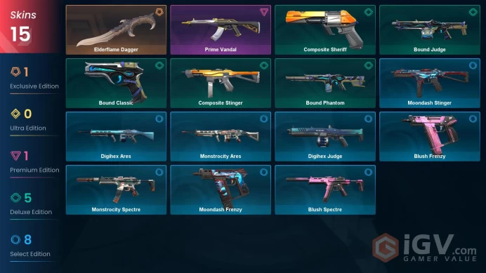 NA | 15 skins | 2 Battlepass | Gold 2 | Level 41 | Elderflame Dagger | Prime Vandal | Moondash Stinger | Monstrocity Ares | Full Details Below!