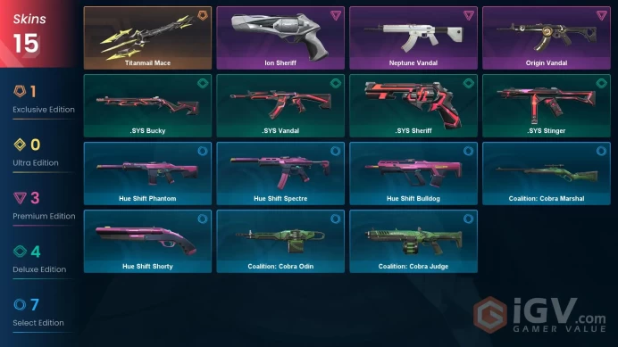 NA | 15 skins | 1 Battlepass | Gold 2 | Level 30 | Titanmail Mace | Origin Vandal | Neptune Vandal | .SYS Vandal |Full Details Below!