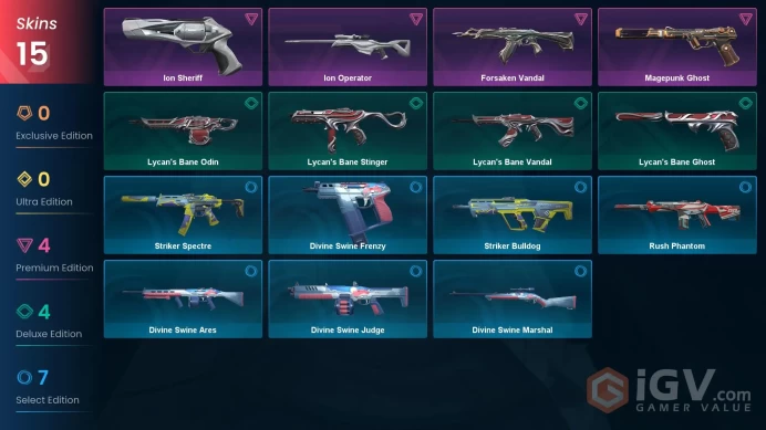NA | 15 Skins | Gold | Battlepasses 1 | Forsaken Vandal | Ion Sheriff | Ion Operator | Buddies 29 | Level 33 | Full Access | Full Details Below!