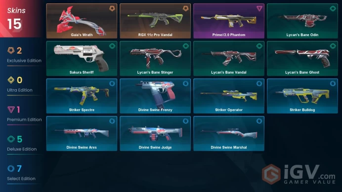 NA | 15 Skins | Platinum | Level 33 | Gaia's Wrath | RGX 11z Pro Vandal | Prime//2.0 Phantom | Battlepasses 1 | Full Access | Full Details Below