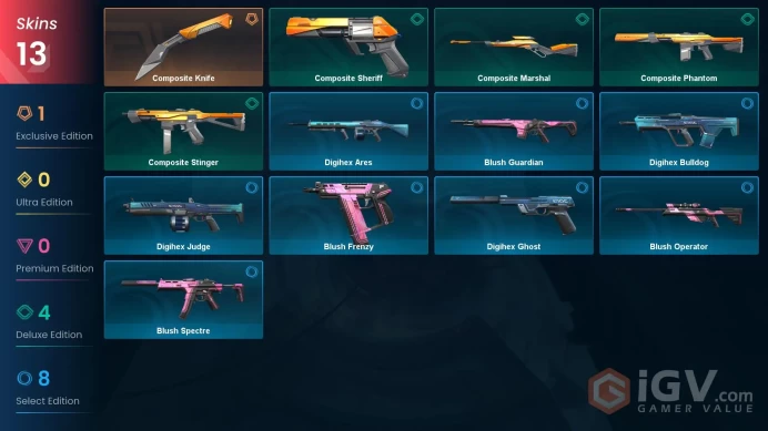 NA | 13 skins | 1 Battlepass | Gold 2 | Level 41 | Digihex Ghost | Composite Stinger | Blush Guardian | Reaver Phantom | Buddies 36 |