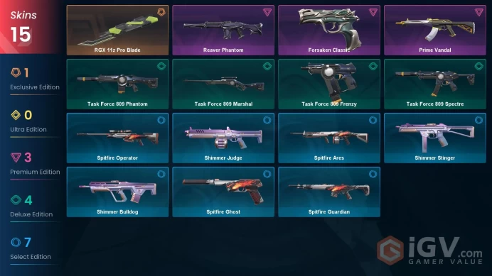 NA | 15 skins | 1 Battlepass | Gold 2 | Level 32 | VP Value: 10675 | RGX 11z Pro Blade | Prime Vandal | Reaver Phantom | Full Details Below!
