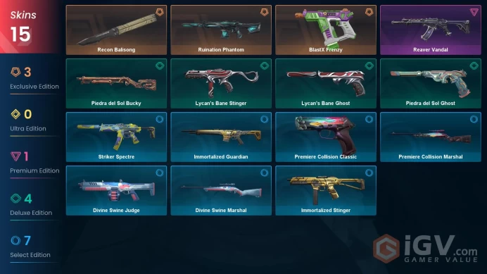 NA | 15 Skins | Silver 2 | Level 34 | Value VP 11675 | Recon Balisong | Ruination Phantom | Reaver Vandal | Battlepass 2 | Full Details Below!