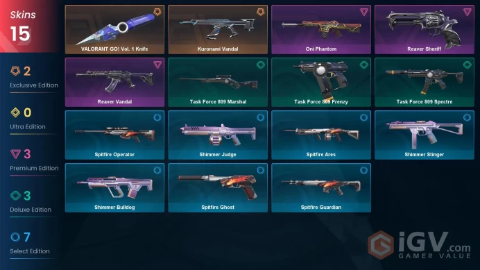 NA | 15 Skins | Gold | Level 50 | VALORANT GO! Vol. 1 Knife | Kuronami Vandal | Reaver Sheriff | 1  Battlepass  |Full Details Below!