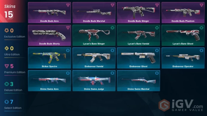 NA | 15 skins| Diamond 1 | Level 24 | VP Value: 12500 | Doodle Buds Bundle | Endeavour Operator | 1 Battlepasses Purchase | Full Details Below!