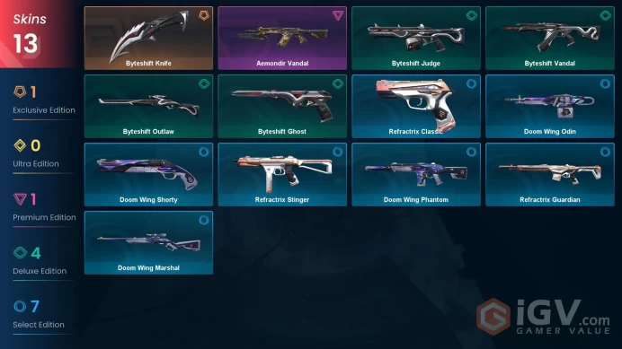 NA | 13 Skins | Silver 3 | Level 30 | Value VP 2775 | Aemondir Vandal | Byteshift Judge | Byteshift Knife | Battlepasses 1 | Buddies 32 |