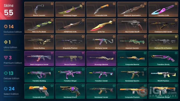 EU/TUR 43975 VP Ignite Fan Champions 2023 Vandal Neo Frontier Sheriff Gaia's Vengeance Vandal Reaver Karambit Recon Phantom RGX 11z Pro Blade