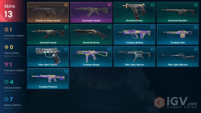 NA | 13 Skins | Diamond | Level 66 | VP Value 4950 | Prelude to Chaos Vandal | Cryostasis Vandal | Tactiplay Stinger | 
