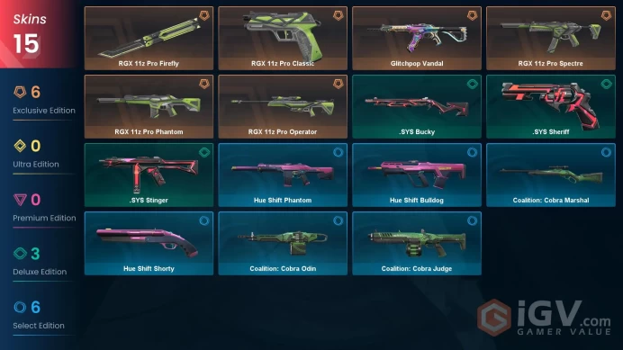NA | 15 skins | RGX 11z Pro Bundle | 1 Battlepass | Gold 2 | .SYS Stinger | Glitchpop Vandal| RGX 11z Pro Firefly | Full Details Below!
