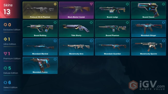 NA | 13 Skins | Gold | Level 53 | Protocol 781-A Phantom | Black.Market Vandal | 1 Battlepass | 