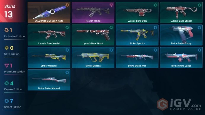 NA | 13 Skins | Gold | Battlepasses 1 | VALORANT GO! Vol. 1 Knife | Reaver Vandal | Buddies 33 | Level 33 | 